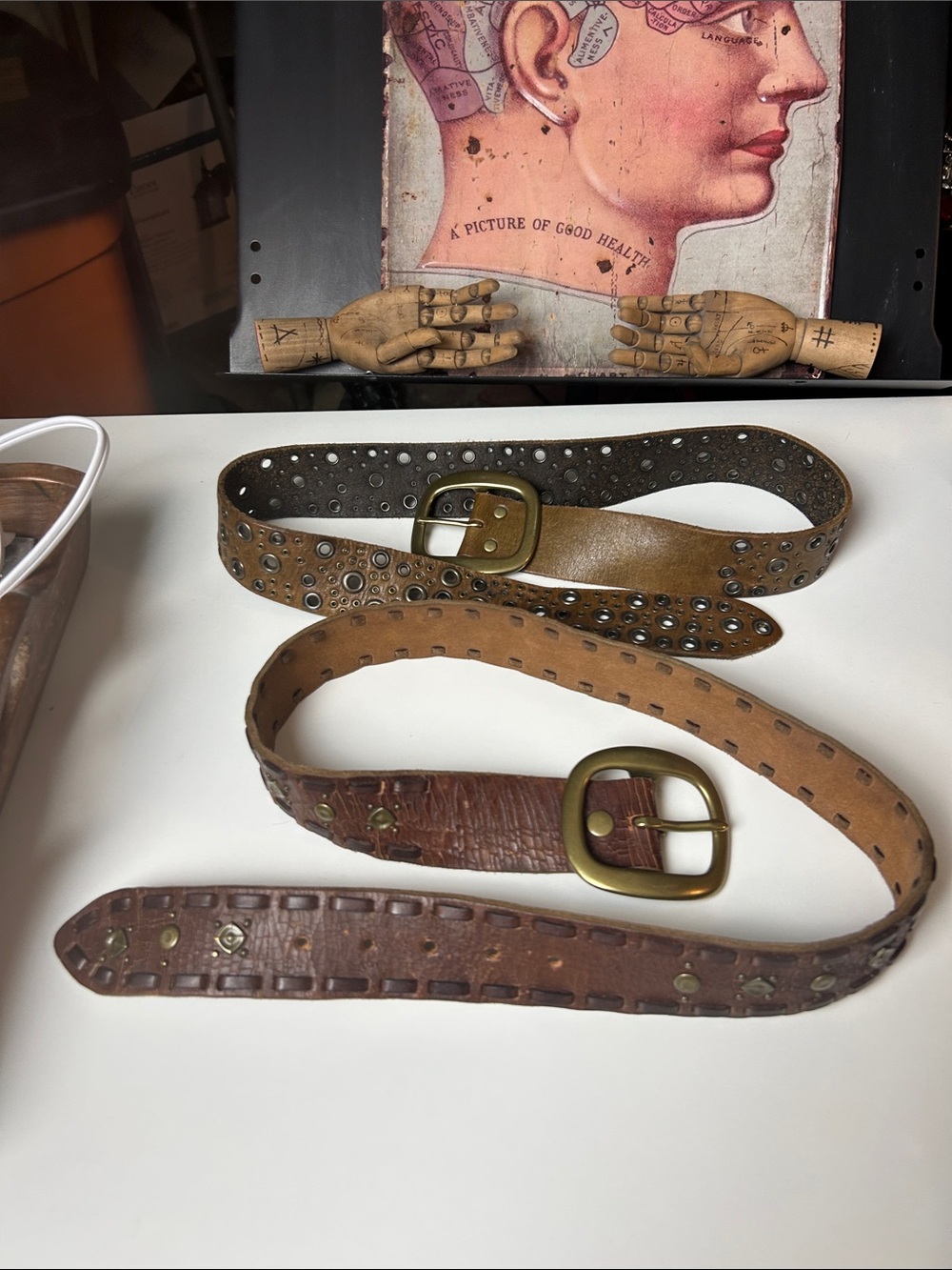 Lot of Two Womenโs Thick, Leather Belts with Rivet and Open Circle Detail